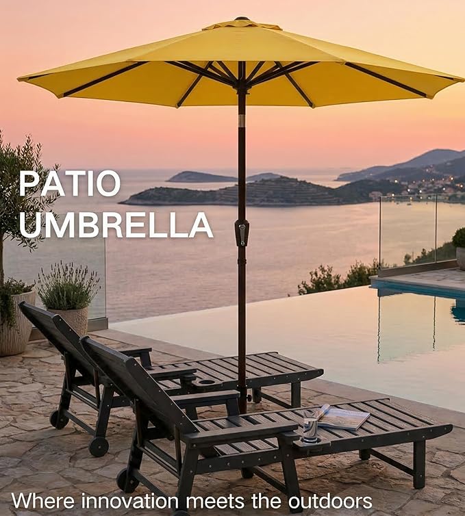PatioKingdom 9FT Patio Outdoor Umbrella-UPF 50+ Sun Shade with Wind Vent, Push-Button Tilt & Smooth Crank Lift, Rust-Resistant Fiberglass Frame for Garden, Backyard,Yard (Yellow)