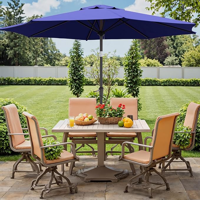 Outdoor Patio Umbrella with One Push Button Tilt and Crank, 8 Sturdy Ribs Market Table Umbrella