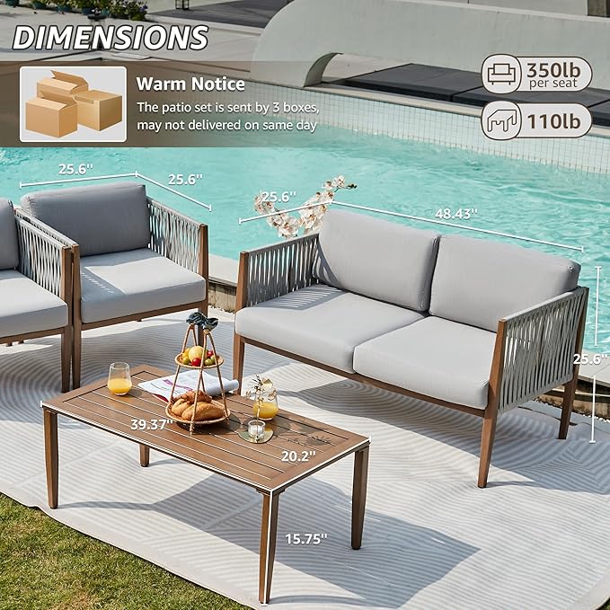 NATURAL EXPRESSIONS 4 Pieces Patio Furniture Sets, Outdoor Patio Deep Seating Group Conversation Sofa Set with Handwoven Rope, Wooden Grain Printing Metal Frame with Olefin Cushions