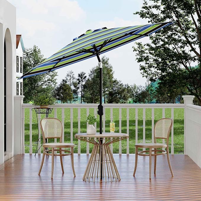 Garvee 9 ft Patio Umbrella - 8 Sturdy Ribs Outdoor Table Umbrella with Crank Lift & Push Button Tilt - Market Umbrella for Pool, Deck, Yard, Garden - Tricolor Stripe