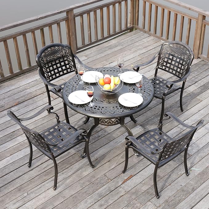 VIVIJASON 5-Piece Outdoor Patio Furniture Dining Set, All-Weather Cast Aluminum Conversation Set, Include 4 Chairs and 38.5" Round Table w/Umbrella Hole for Balcony, Lawn, Garden, Backyard