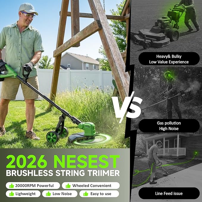 20000 RPM Brushless Battery Weed Wacker Cordless, 6000mAh Electric Weed Eater Battery Powered, Heavy Duty Brush Cutter Edger Lawn Tool/Weed Trimmer/Grass Trimmer W/Wheel Metal Blade, 2 Battery