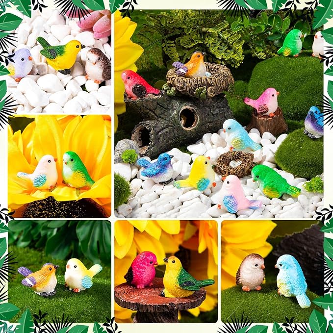 72PCS Miniature Cute Bird Decorative Figurines 11 Styles Mini Resin Birds | Micro Landscape Home Meetings Decoration, Cake Topper