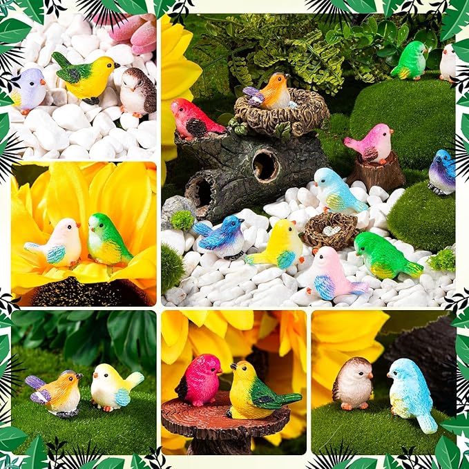 72PCS Miniature Cute Bird Decorative Figurines 11 Styles Mini Resin Birds | Micro Landscape Home Meetings Decoration, Cake Topper