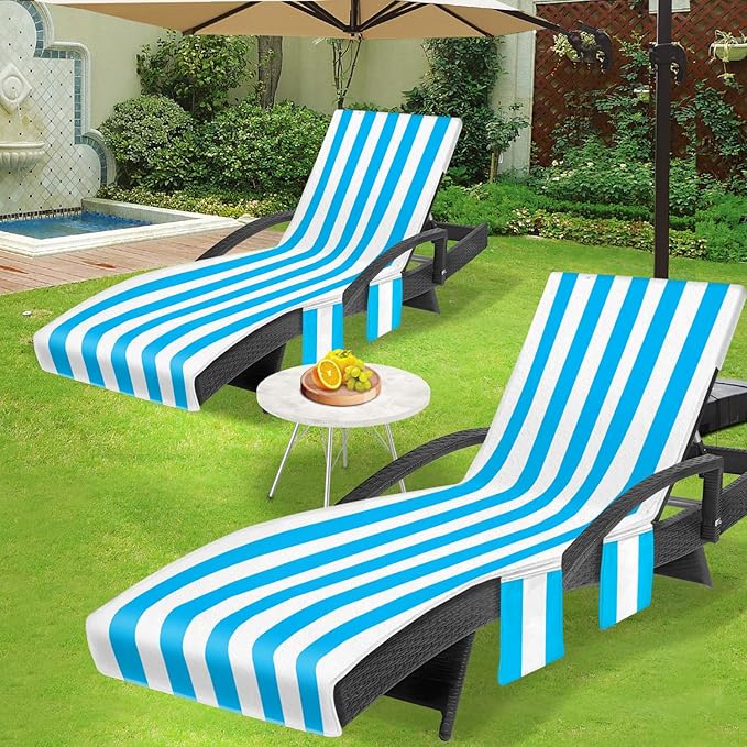 Lounge Chair Towel Cover, Beach Chair Covers (Pack of 2), Chaise Lounge Cover with 3 Pockets for Pool Beach Garden Courtyard Outdoor Trips, 85 x30 in, Striped Sky Blue