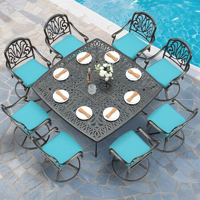 MEETWARM 9-Piece Outdoor Patio Dining Set for 8, All Weather Cast Aluminum Patio Funiture Table and Chairs Set- Large 64" Square Table, 8 Cushioned Swivel Rocker Chairs, 2.2" Umbrella Hole, Ocean Blue