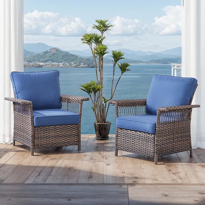 Outdoor Patio Chairs Wicker Chair - 2 Piece Rattan Patio Furniture Chairs Set with Sturdy Frame,All-Weather PE Wicker and Comfortable Cushions for Outside Porch Deck Balcony(Brown/Blue)