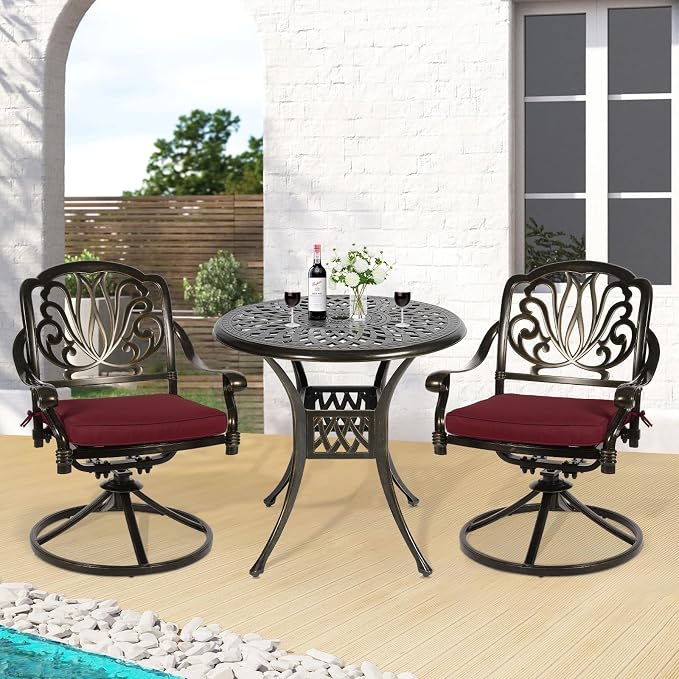 3-Piece Outdoor Patio Dining Set, All-Weather Cast Aluminum Patio Furniture Set for Backyard Garden Deck with 2 Swivel Cushioned Chairs and 31” Round Table, 2" Umbrella Hole, Chili Red