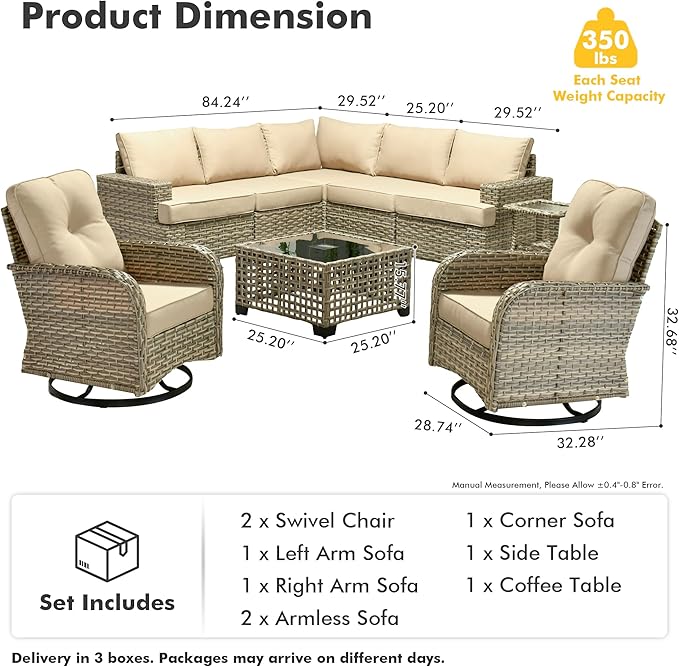 HOOOWOOO Sectional Patio Furniture Set with Swivel Chairs,9 Pieces Wicker Outdoor Furniture L Shaped Couch,Outside Conversation Set with Extra Deep Seat Sofa Wide Arm Solar Light Table,Beige