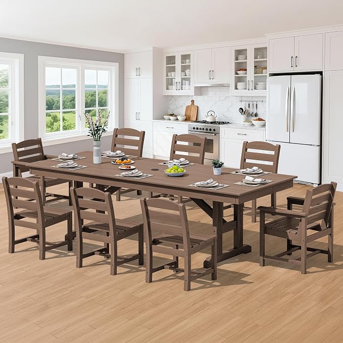 SERWALL 9 Piece Outdoor Dining Set, 84" HDPE Outdoor Table with 6 Armless Chairs and 2 Armchairs ,All Weather Patio Dining Furniture Set with Umbrella Hole for Backyard, Garden, Brown