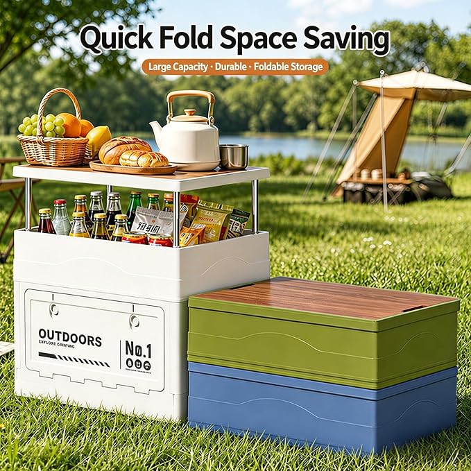 2-in-1 Foldable Outdoor Storage Box with Tabletop Lid, Large Capacity Collapsible Camping Crate, Multi-Use Organizer for Picnic, Home, and Car Trunk