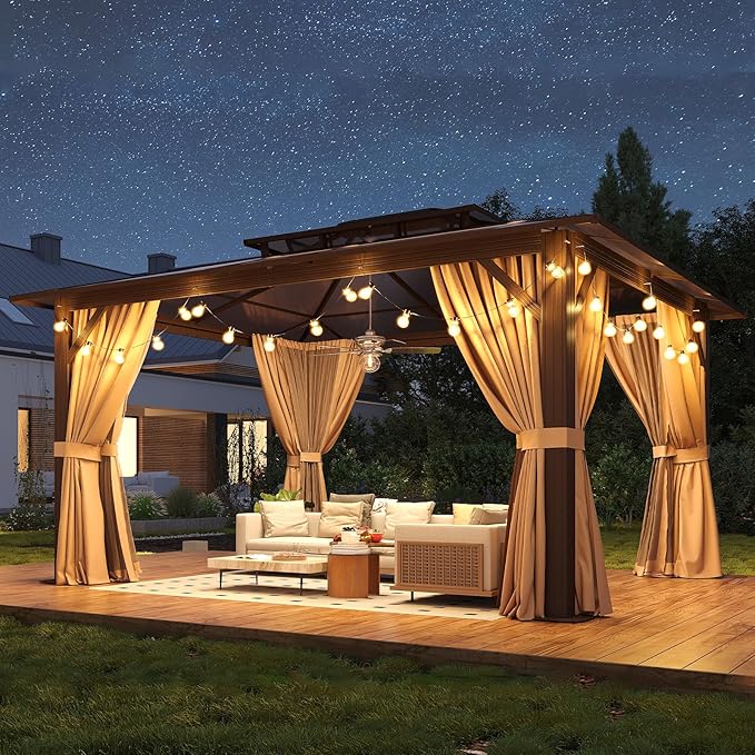 12’x14’ Hardtop Gazebo with Double Polycarbonate Roof Outdoor Metal Gazebo Sturdy Aluminum Frame & Removable Curtains, Netting Permanent Pavilion Pergola for Garden,Patio,Lawn (Brown)