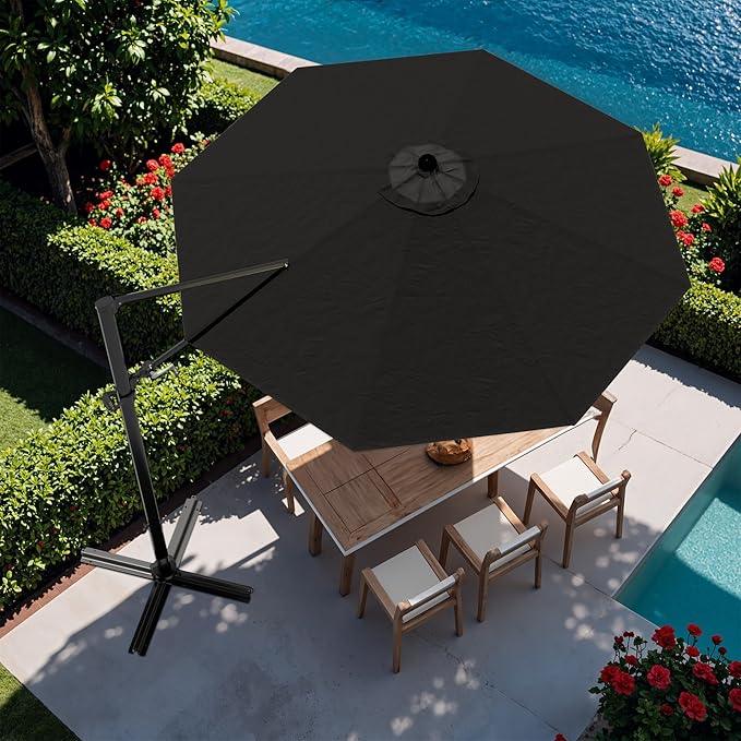 Devoko 10ft Cantilever Patio Umbrella, Round Large Outdoor Umbrella with 360-Degree Rotation, Hanging Offset Market Sun Umbrella, Easy Tilt and Heavy-Duty Frame, for Patio Backyard Garden, Black