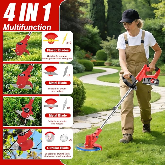 Electric Cordless Weed Wacker, 21V Electric Weed Wacker Eater with Battery Charger, 3 in 1 Grass Trimmer with 4 Types Blade, Lightweight Adjustable Design for Lawn, Yard