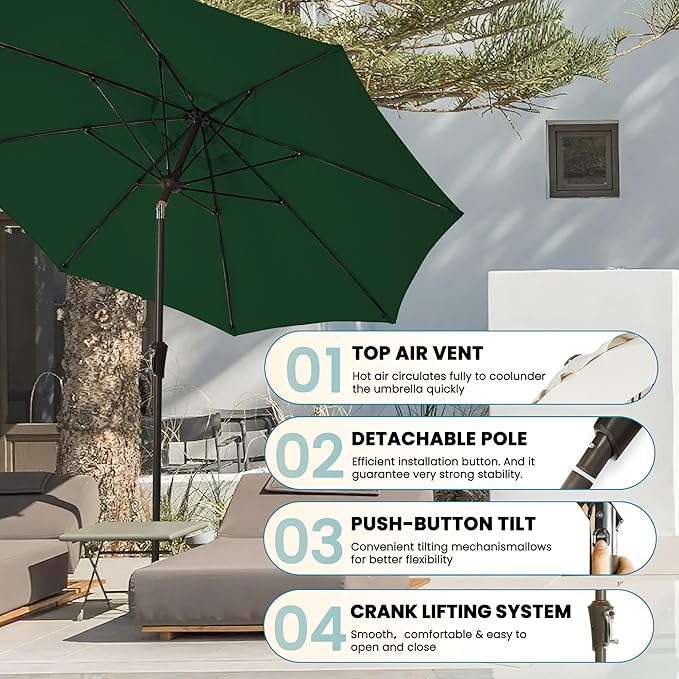 9FT Large Outdoor Patio Umbrella Pool Market Umbrella-UV Resistant, Easy Push Button Tilt and Crank, 8 Sturdy Ribs Heavy-Duty Table Umbrella for Deck, Backyard, Garden (Green)