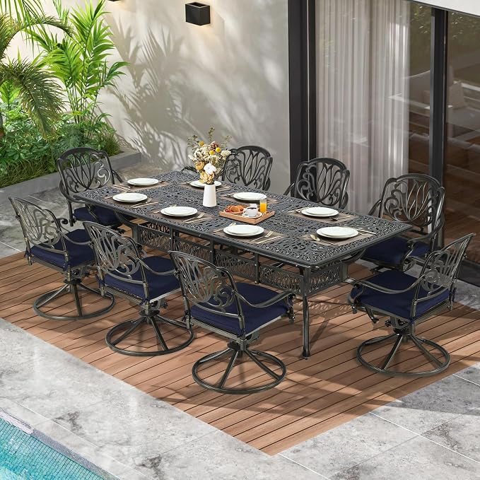 MEETWARM 9-Piece Outdoor Patio Dining Set for 8, All Weather Cast Aluminum Patio Funiture Table and Chairs Set- 94.5” Rectangular Table and 8 Cushioned Swivel Rocker Chairs, Umbrella Hole, Navy Blue