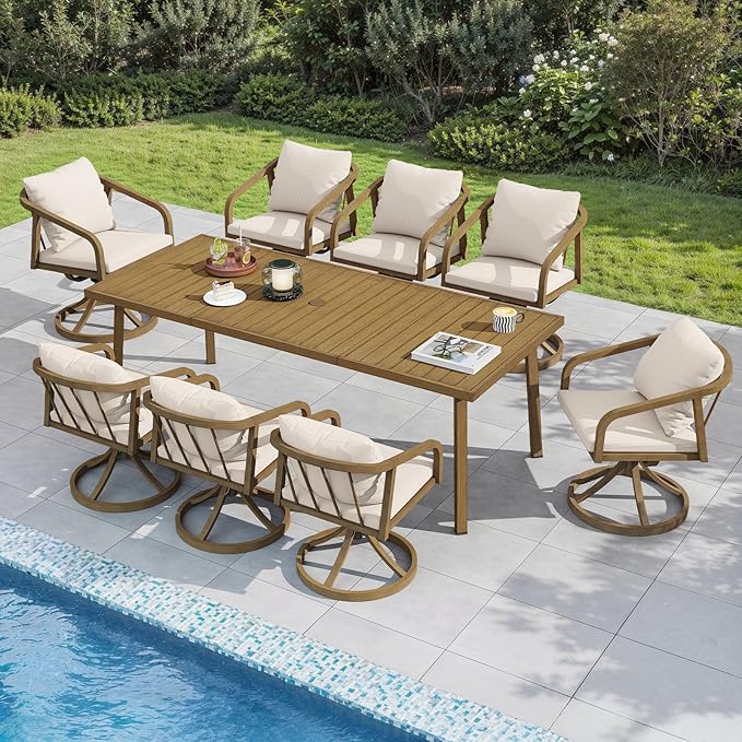 9-Piece Patio Dining Set with 8 Swivel Chairs, Never-Rust Aluminum Outdoor Dining Set, Patio Swivel Dining Set with Wraparound Seating, Outdoor Table and Chairs for Garden, Lawn, Deck, Teak