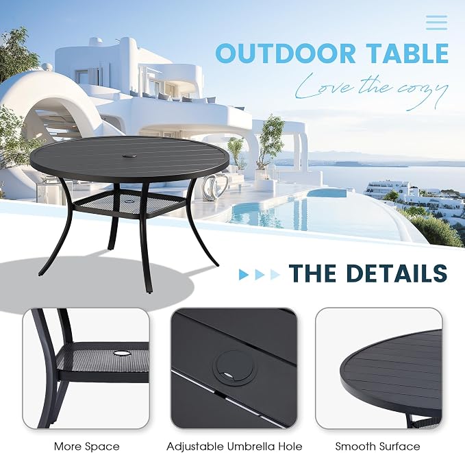 7 Pieces Patio Dining Set, 47" Round Dining Table with Umbrella Hole, 6 Stackable Textilene Fabric Chairs, Metal Structure for Patio, Porch, Garden(Black Table, Grey Chair)