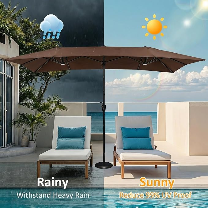 15×15ft Outdoor Patio Umbrella, Double Sided Market Rectangle Umbrella with Crank Handle, Large Sun Shade for Outside Deck, Backyard, Garden
