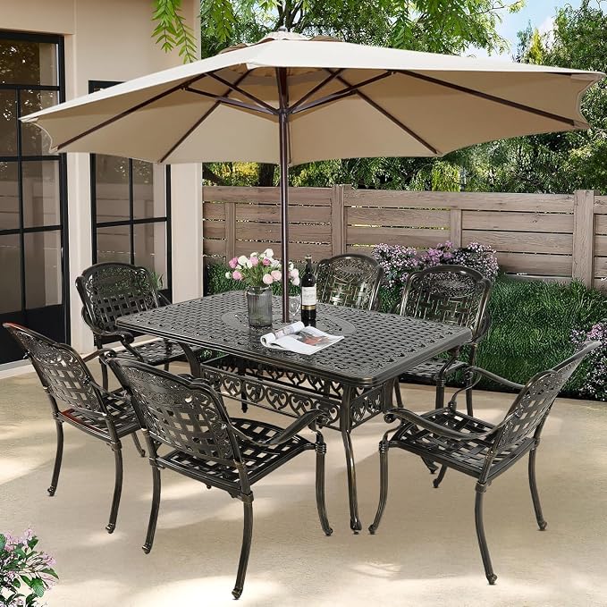 7-Piece Outdoor Patio Dining Set, 60” Rectangular Cast Aluminum Dining Table with Umbrella Hole and 6 Outdoor Dining Chairs, Patio Funiture Set for Backyard, Patio, Garden