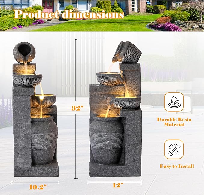 Water Fountain Outdoor, Modern Water Feature with LED Lights, 4-Tier Cascading Resin Waterfall Fountain, 32" Large Garden Fountains for Yard, Deck, Patio, Porch