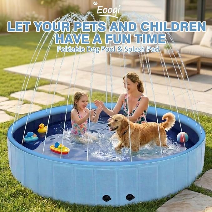 Eooqi Foldable Dog Pool with Sprinkler, 87 Inch Extra Large Thickened Splash Pool, 2-in-1 Outdoor Summer Water Play Toy, Non-Slip Hard-Side Kiddie Pool for Backyard Dogs, Kids & Pets (Blue, 87"-5XL)