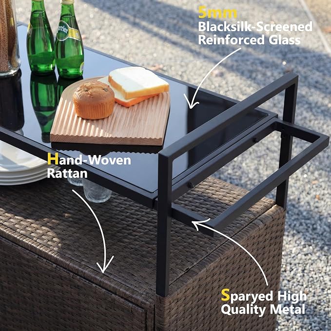 51.2" Wicker Outdoor Bar Cart - Brown Patio Console Storage Table Buffet Cabinet Serving Kitchen Cart with Wheels for Outside Backyard