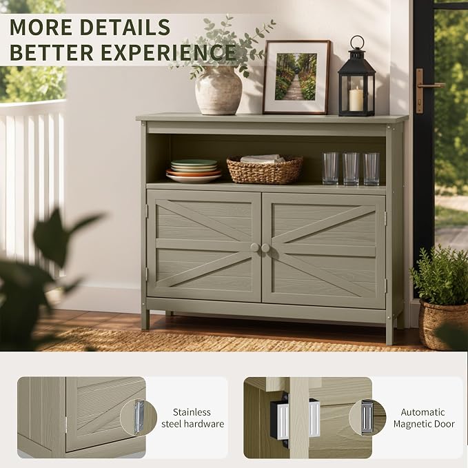HIPS All-Weather Outdoor Storage Cabinet,Outdoor Sideboard with Magnetic Doors,3-Shelves Patio Storage Cabinet, Used for Garden,Buffet Cabinet,TV Stand, Bar Table,Balcony