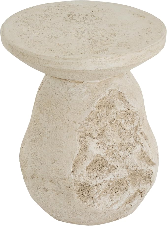 Merax Outdoor Patio Side Table, 19" Height Rugged Coral-Texture Round Patio Accent Table, Bohe & Coastal Style, MGO End Table for Balcony Poolside, Fully Assembled, Beige Finish
