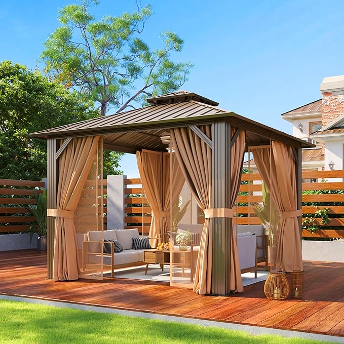 Aoxun 10’x10’ Outdoor Gazebo, Heavy Duty Canopy Pavilion with Ventilated Double Roof, Patio Pergola with Netting and Curtains for Backyard, Garden (Brown)