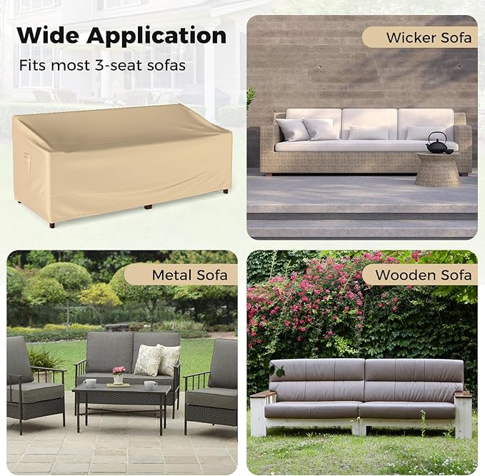 Tangkula 3-Seater Patio Sofa Cover, Waterproof Protective Cover for Outdoor Furniture w/Padded Handle, Click-Close Straps & Air Vent, Heavy Duty Deep Couch Cover w/PU Coating, 77" W x 43" H x 30" H