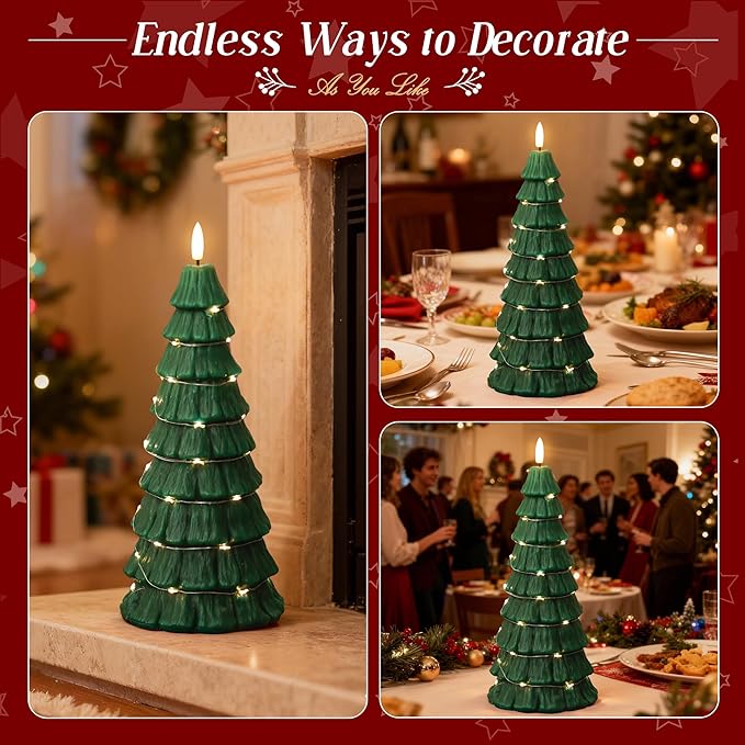 Christmas Tree Candles with Remote, Christmas Flameless Candles with Embedded Star String Fairy Lights, Battery Operated Candles, Flickering Xmas Flameless Candles for Table Decor