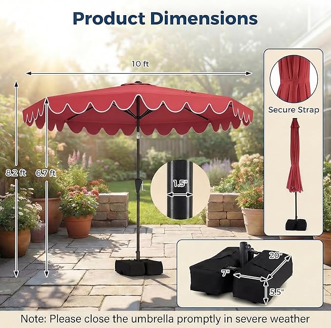 Happygrill 10 FT Patio Umbrella with Weighted Base Included, Outdoor Market Umbrella w/Push Button Tilt & Crank, 8 Heavy-Duty Metal Ribs, Air Vent, Sunshade Canopy for Garden Deck Pool Backyard (Wine)