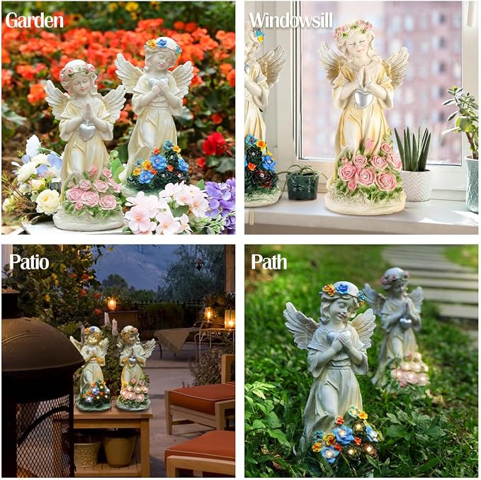 Angel Garden Statue 2Pcs,Love Heart Solar Decor with Warm Light | Waterproof Praying Angel Statue with Flowers,Outdoor Garden Decor Sculpture for Lawn Yard Patio Garden Present, Apricot