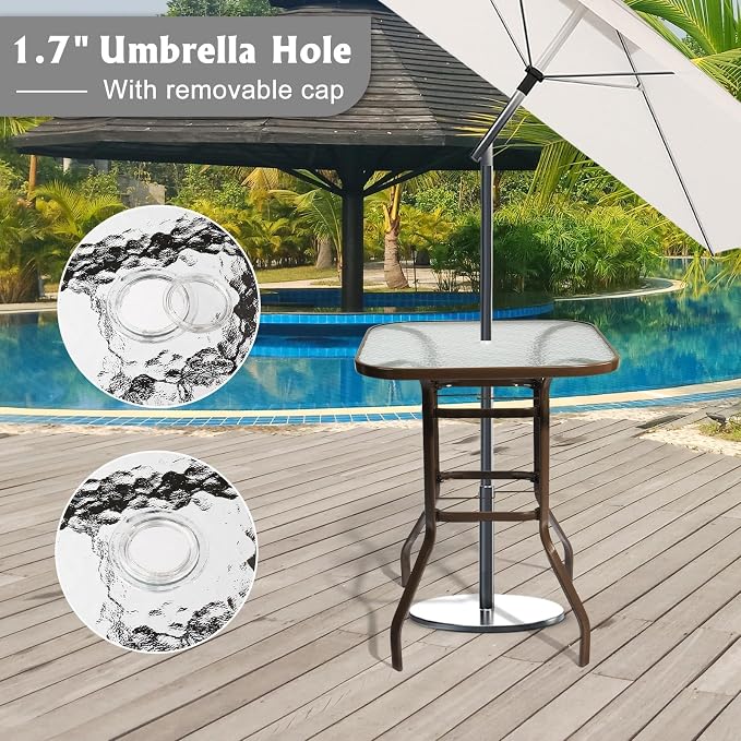 Bonnlo Patio Bar Table with Umbrella Hole, Metal Outdoor Pub Table, High Top Bistro Table for Deck