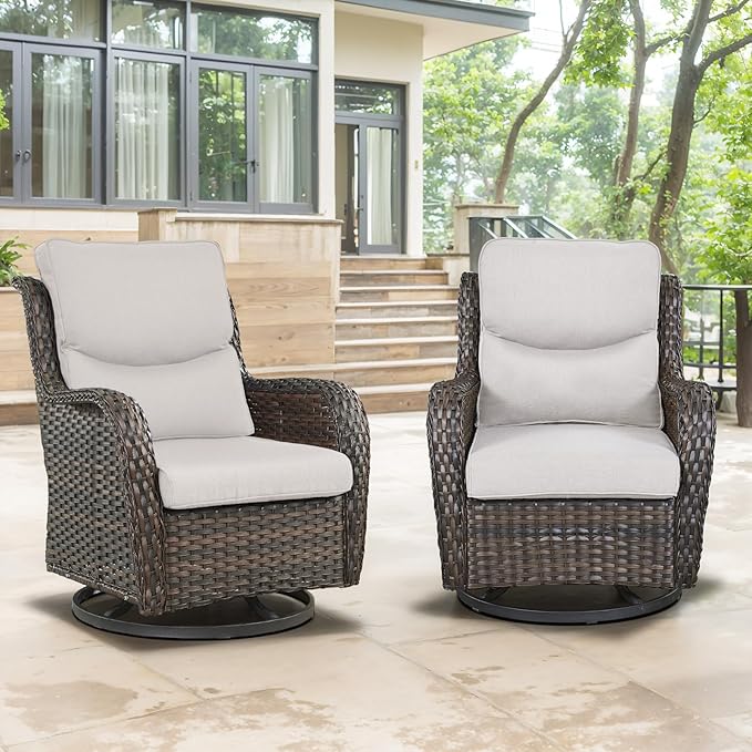 Outdoor Swivel Rocker Patio Chairs Set of 4-5" Thick Cushion 4 Piece Furniture Set All Weather Comfortable Wicker Conversation Set for Porch Poolside and Deck - Brown-Beige
