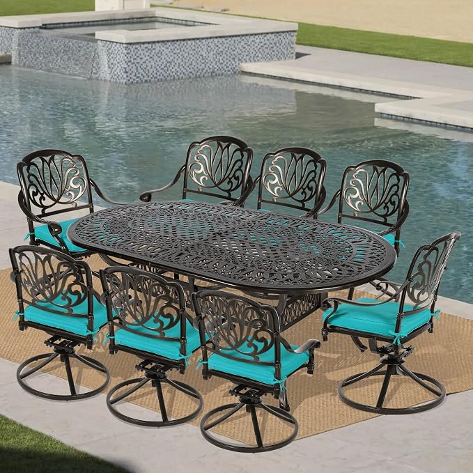 VIVIJASON 9-Piece Patio Furniture Dining Set, All-Weather Cast Aluminum Outdoor Conversation Set, Include 8 Swivel Dining Chairs and an Oval Table with Umbrella Hole, Ocean Blue Cushion