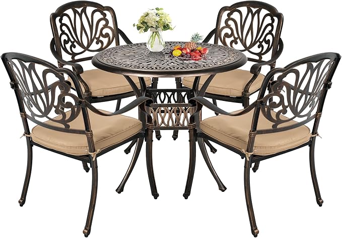 Grepatio 5 Piece Outdoor Dining Set Cast Aluminum Patio Dining Set Table and Chairs Outside Furniture 4 Chairs and 1 Umbrella Hole Table for Lawn Garden Patio (Khaki)