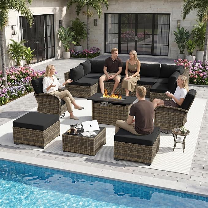 Aoxun 13 Piece Outdoor Patio Furniture Set with 44'' Fire Pit Table, Wicker Rattan Outdoor Furniture with High Back Swivel Rocker Chairs, Outdoor Conversation Set with Thick Cushion & Ottoman, Black