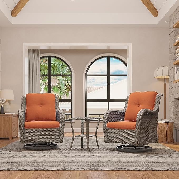 Outdoor Wicker Rocker Chairs Set of 3, High Back Patio Chairs Wicker Furniture Set, 2PCS Rattan Swivel Rocking Chair with Side Table(Mixed Grey/Orange)