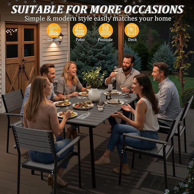70" Patio Outdoor Dining Table for 6, Weather-Resistant Aluminum Frame with Wood-Grain Top & Umbrella Hole for Deck Gatherings, Gray