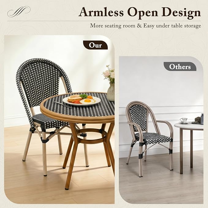 PURPLE LEAF 3-Piece French Bistro Dining Set Round Outdoor Patio Table and 2 Armless Chairs Tempered Glass Top PE Rattan Champagne Print Finish Aluminum Frame Black