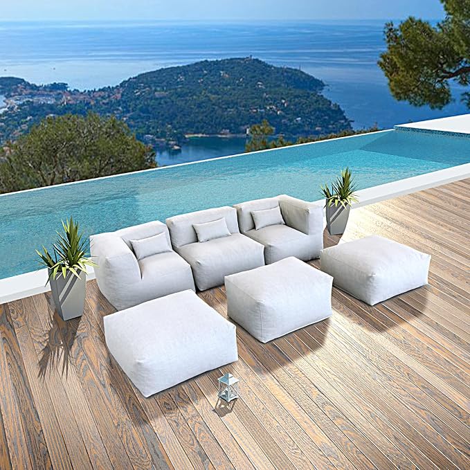 ANNYH PortoCervo 6PCS Patio Outdoor Furniture Sectional Conversation Set Combines 1 Middle & 2 Corner Chairs, 3 Ottoman, Foam Filled Bean Bag Chairs Modular Contemporary Sofa Comfy Couch, Cloud Gray