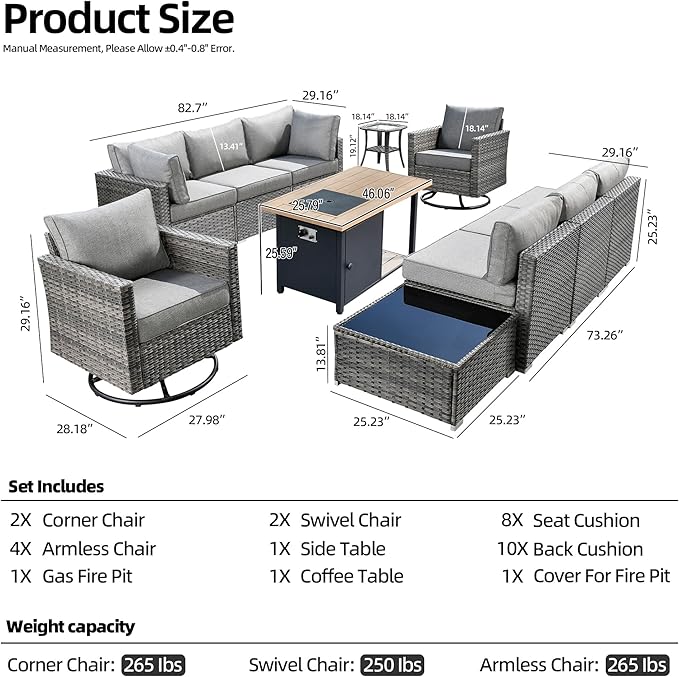 11 Piece Outdoor Patio Furniture Set with 46" Fire Pit Table, Wicker Sectional Conversation Set Whit Swivel Chairs,Modern Outside Sofa for Balcony Backyard(Dark Gray)