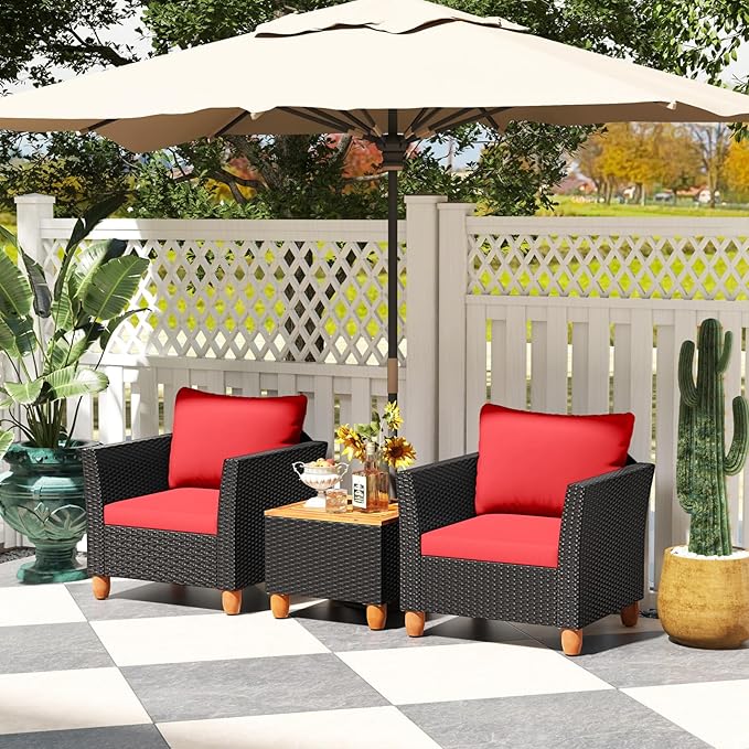 Tangkula 3 Pieces Patio Porch Furniture Set, PE Rattan Wicker Chair Conversation Set with Cushions and Storage Table, Outdoor Acacia Wood Bistro Set for Garden, Poolside (Red)