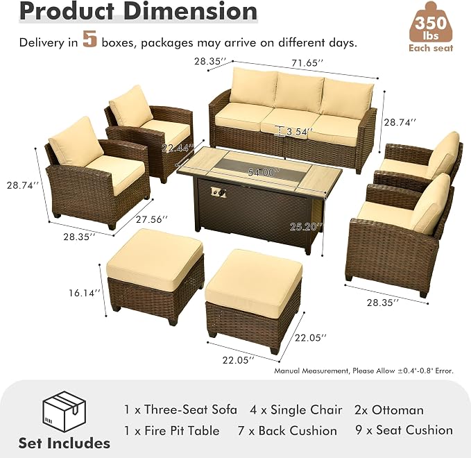 ovios 8 Pieces Patio Furniture Set, Outdoor Wicker Sofa Couch with 54" Fire Pit Table Comfy Cushions, All Weather Brown Rattan Conversation Set for Backyard Deck, Beige