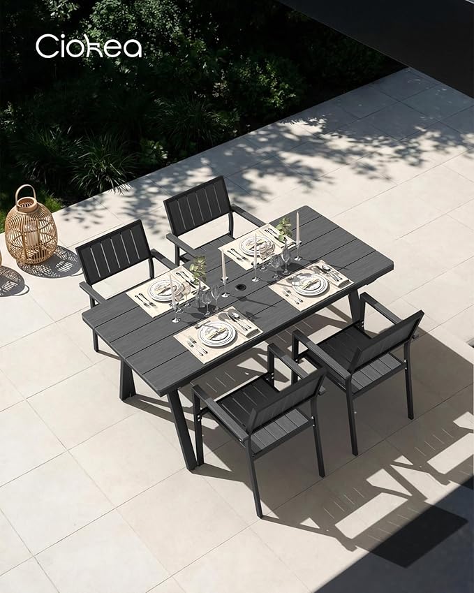Ciokea Aluminum Outdoor Dining Sets for 4, Patio Table and Stackable Chairs Set with Umbrella Hole, All-Weather HDPS Durable Furniture for Backyard, Poolside, Lawn & Garden | 5-Piece, Grey