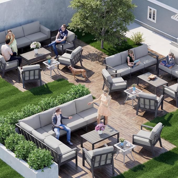KISLOT Aluminum Outdoor Patio Furniture Set with Coffee Table,6 Seater Patio Conversation Sets with Washable Thick Cushions,Outdoor Sectional Furniture Set for Poolside, Balcony,Gray Aluminum Frame