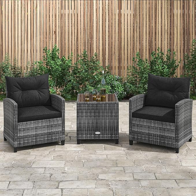 KOTEK 3 Piece Patio Furniture Set, Outdoor PE Rattan Conversation Set with Washable Cushions & Tempered Glass Tabletop, Wicker Chairs and Table Set for Porch, Garden, Balcony (Black)