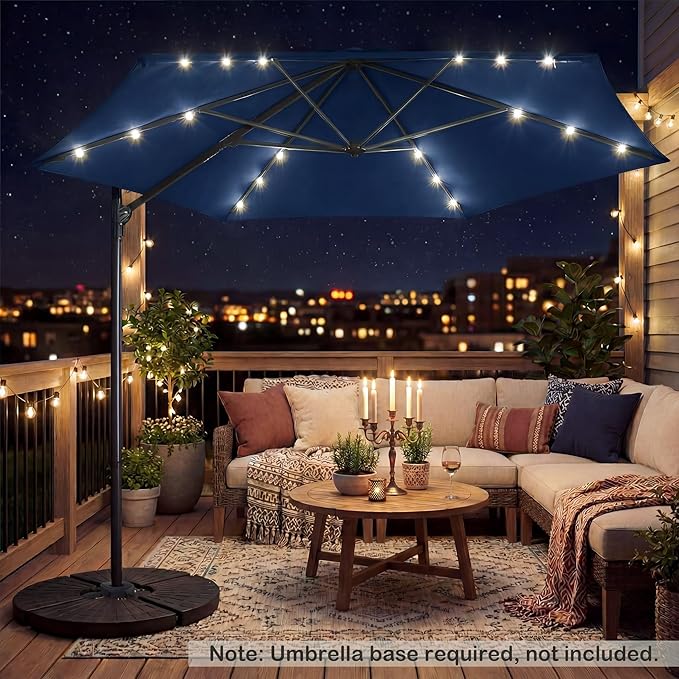 HAPPYGRILL 10 FT Patio Umbrella with Solar Lights, Outdoor Offset Cantilever Umbrella with White LED Lights, 360 Degree Rotation, Air Vent for Pool Deck Garden Backyard